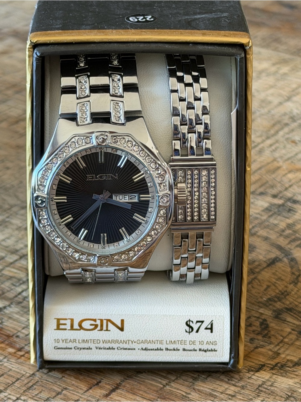 New! Elgin Crystal Bezel Men’s Watch 44mm + Matching Bracelet - NEW IN BOX!